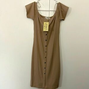 Beige off the shoulder dress with faux buttons